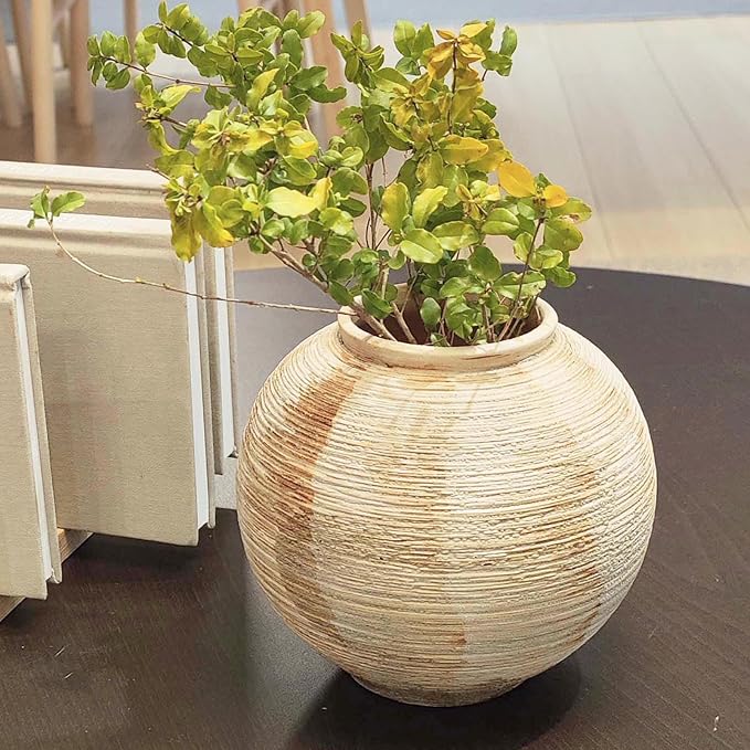 Rustic Ceramic Vintage Farmhouse Vase for Decor (Small Ribbed Beige) | Distressed Texture Vase Home Decor, 6'' Decorative Terracotta Round Bowl vase for Living Room, Table, Shelf, Kichen Décor
