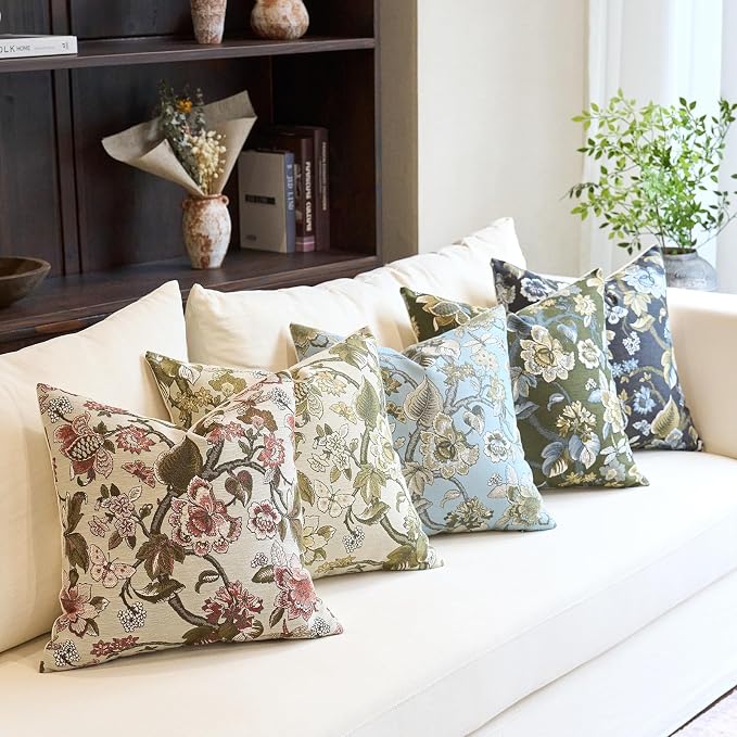 Neutral Floral Pillow Cover 18x18, Vintage Linen Square Pillow Cover Soft Decorative Farmhouse Accent Pillow Cases for Couch Bedroom Living Room Home Decor, Red