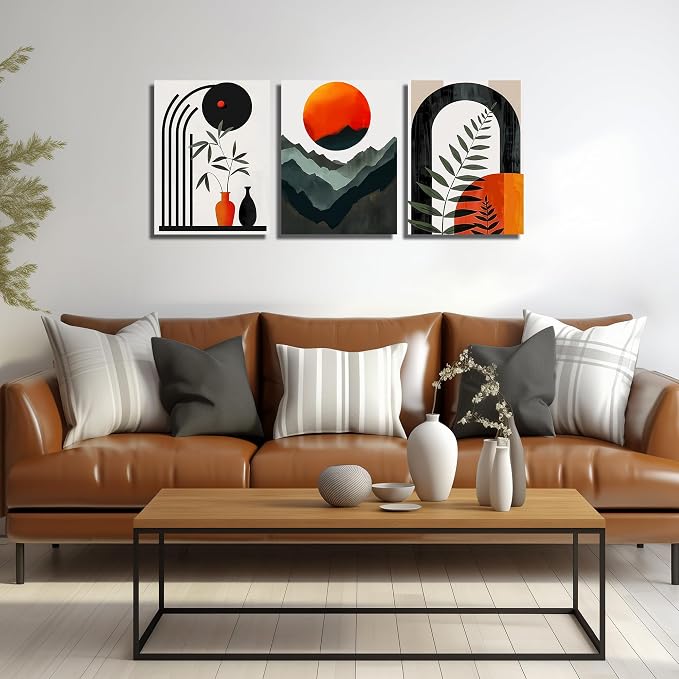 DNIEOTU Boho Wall Art for Living Room, Bohemian Canvas Wall-Decor for Bedroom, Mountian Moon and Geometric Shapes Picture Prints, Size 12 x 16 Inches 3-Pieces