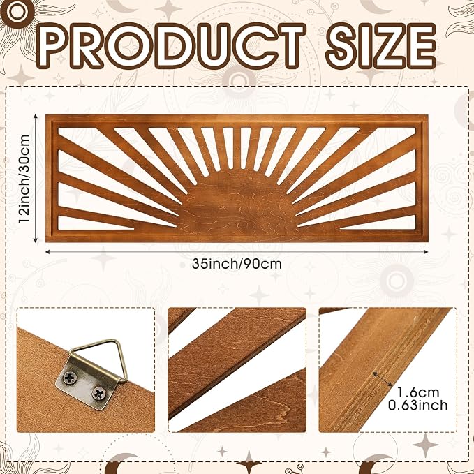 Burbell Horizontal Sun Wall Art 35"x12" Boho Wooden Room Decor,Dark Brown | Long Panoramic Sun Art Above Bed, Vintage Bohemian Design, Carved Hollow Frame, Farmhouse Decor for Living Room Bedroom