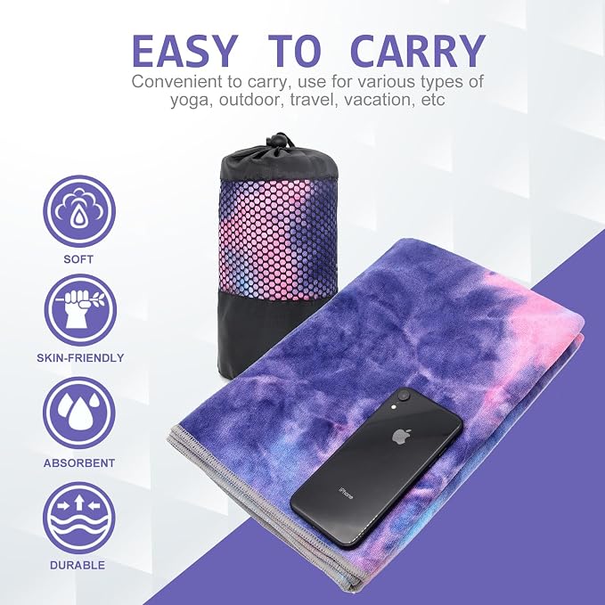 Eunzel Yoga Towel,Hot Yoga Mat Towel with Grip Dots Sweat Absorbent Non-Slip for Hot Yoga, Pilates and Workout 24" x72", Purple & Blue