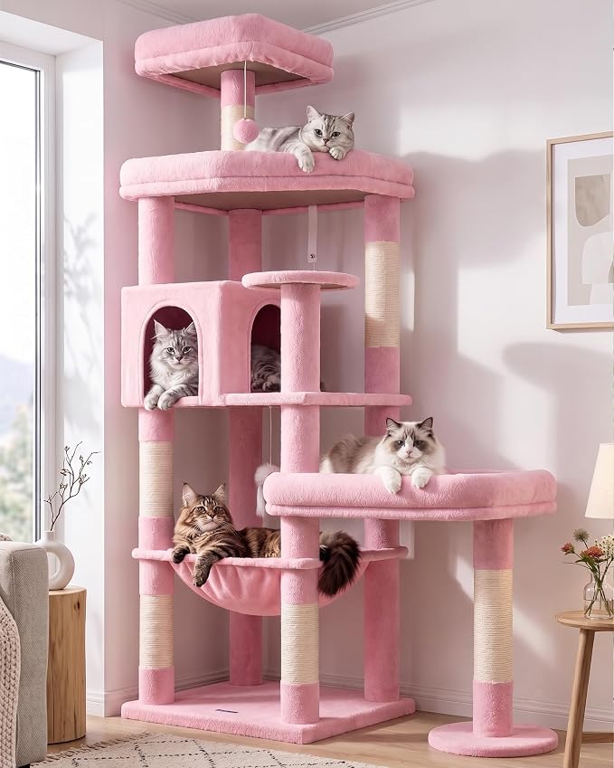 Globlazer Extra Large Platform Cat Tree, 65in Sturdy Cat Scratching Tree for Indoor Cats Large Adult, Big Cat Perch Tower with 3 Padded Perches, 6 Scratching Posts, Cat Condo, Hammock, S65, Pink