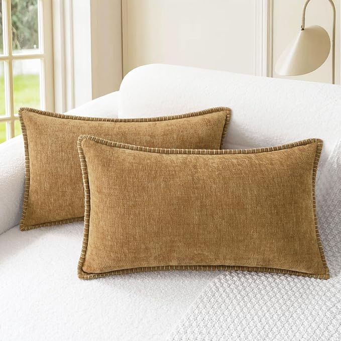 CaliTime Decorative Couch Throw Pillow Covers 20 X 12 Inches Apricot Brown | Pack of 2, Cozy Chenille Cushion Cases, Cotton Thread Stitching Edges, for Sofa Bed Living Room Farmhouse