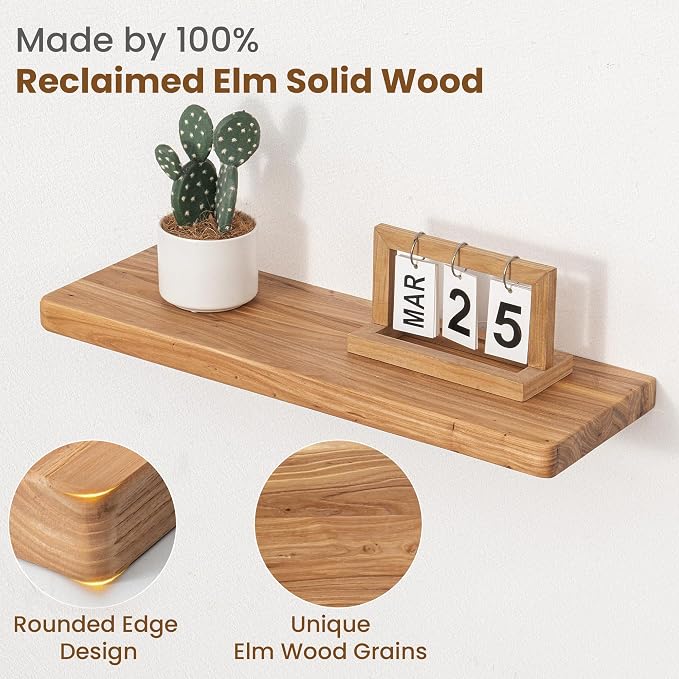 Floating Shelves for Wall, 24"Wx8"D Rustic Solid Elm Wood Floating Shelves Wall Mounted, Round Edge Wall Shelves with Invisible Bracket for Living Room Bathroom Bedroom Kitchen, Set of 2, Natural