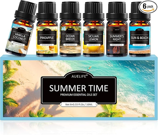 Auelife Summer Essential Oils Set for Diffuser, 6 x 10ml Tropical Essential Oils Collection for Home Fragrance, Aromatherapy & Candle Making, Coconut, Pineapple, Beach Breeze, Lemon & Summer Night