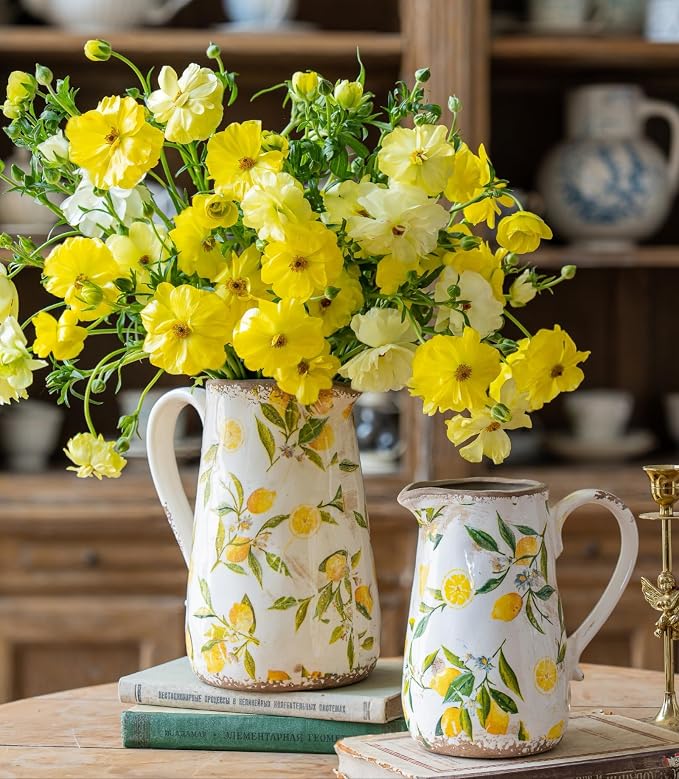 Vintage Lemon Ceramic Vase with Handle, Retro Ice Glazed Crack Farmhouse Pitcher Vase for Home Decor, Living Room, Shelf, Office, Rustic Table Centerpiece 7 Inch