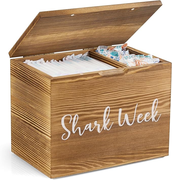 Tampon Holder for Bathroom Decor, Wood Feminine Product Organizer with Lid, Shark Week Tampon Storage, Pad and Tampon Organizer, Brown