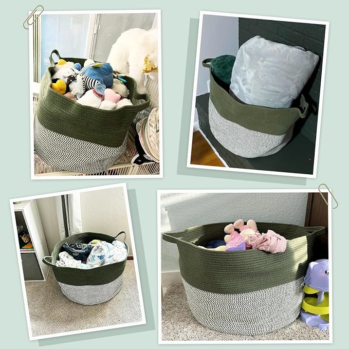 INDRESSME XXXLarge Woven Rope Blanket Basket Living Room Green, 90L | 21.7" x 13.8" Storage baskets for toys laundry & pillows. Fits living room, bedroom or nursery décor. Soft-touch with handles