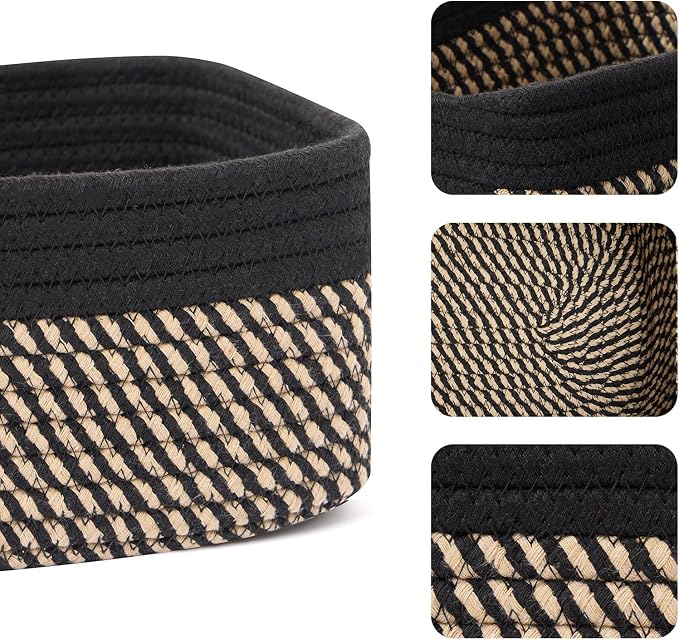 MiniArk Small Storage Baskets for Organizing | Closet Organizer Bins | Shelf Toy Basket | Woven Rope Baskets | Cube Decorative Box | Shallow Basket | 11.5x7.5x4.7” | 4 Packs Black Brown
