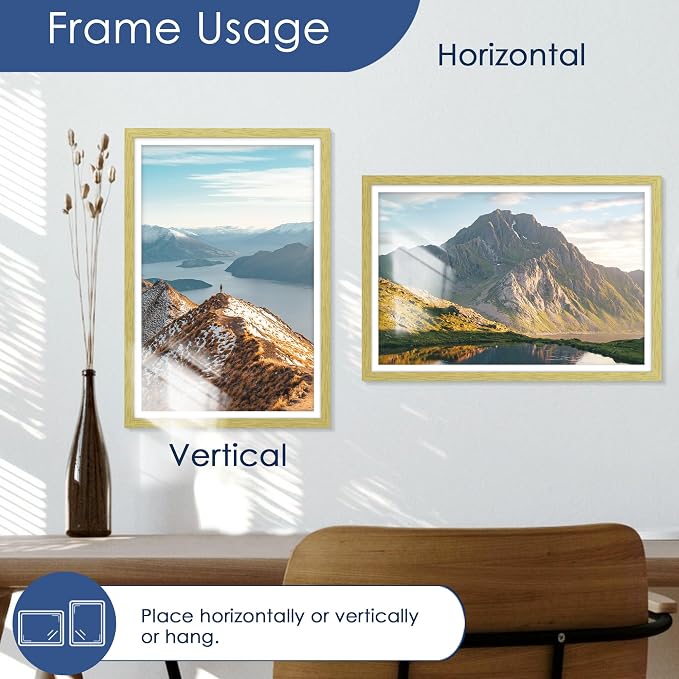 12x18 Picture Frame Set of 6, Wall Mount Display, Gold | Display Pictures 11x17 with Mat or 12x18 Without Mat, Horizontal or Vertical, Gallery Wall Frame Set, Wedding Birthday Gifts