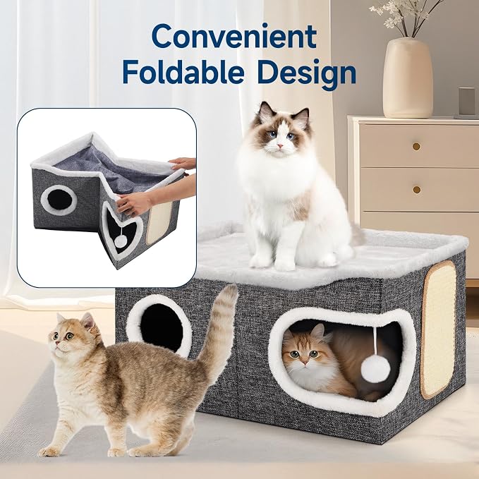 Shikha Extra Large Cat House Bed for Multi Cats with Scratch Pad Grey | 24 x 17.7 x 12.6 IN Widen Cat Cave Cube for Multi Pets, Foldable, Arc-Edge Design, Oval Door, All Seasons Reversible Cushion