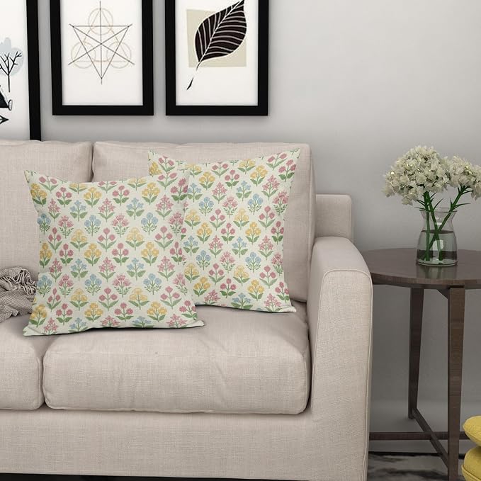 Spring Floral Block Print Pillow Covers 22x22 Inch Set of 2, Easter Decoration Pink Yellow Blue Flower Decorative Throw Pillowcases Outdoor Farmhouse Cushion Covers Holiday Sofa Couch Bed Decor