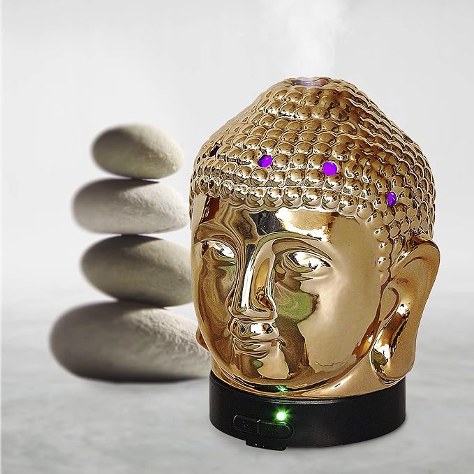 Aromar Buddha Head Essential Oil Diffuser - Ultrasonic Aromatherapy Humidifier with LED Lights, Cool Mist, Auto Shut-Off for Home, Office, Yoga, Meditation Decor - Ceramic, Zen Budha Statue, 200ml