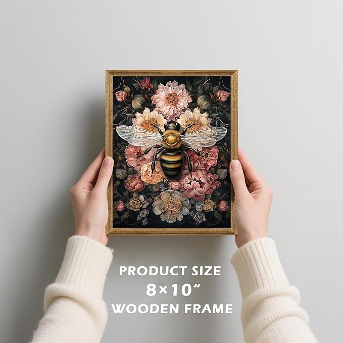 ICHZUMW Framed William Morris Bee Floral Vintage Canvas Wall Art 8x10 In | Dark Cottagecore Prints, Antique Aesthetic Bumblebee Wall Decor for Bedroom Living Room Bathroom Office, Ready to Hang