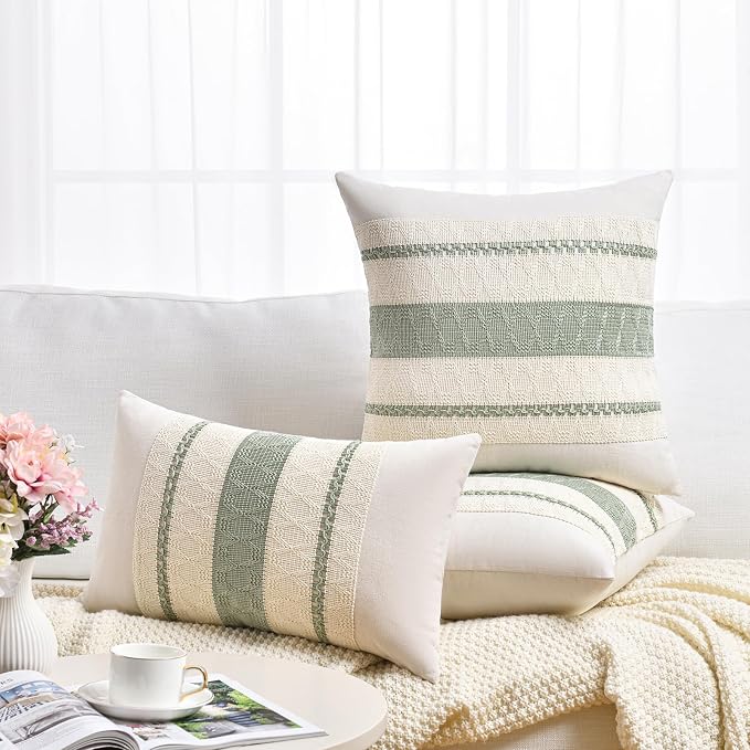 Fancy Homi Set of 2 Sage Green Boho Lumbar Decorative Throw Pillow Covers 12x20 Inch for Living Room Bedroom Couch Bed Chair, Rustic Retro Cushion Case, Bohemian Room Home Decor