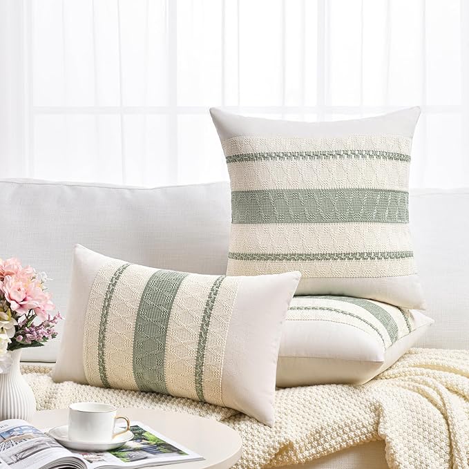 Fancy Homi Set of 2 Sage Green Boho Lumbar Decorative Throw Pillow Covers 16x24 Inch for Living Room Bedroom Couch Bed Sofa, Rustic Retro Cushion Case, Bohemian Room Home Decor, Women Teen Girls Gift