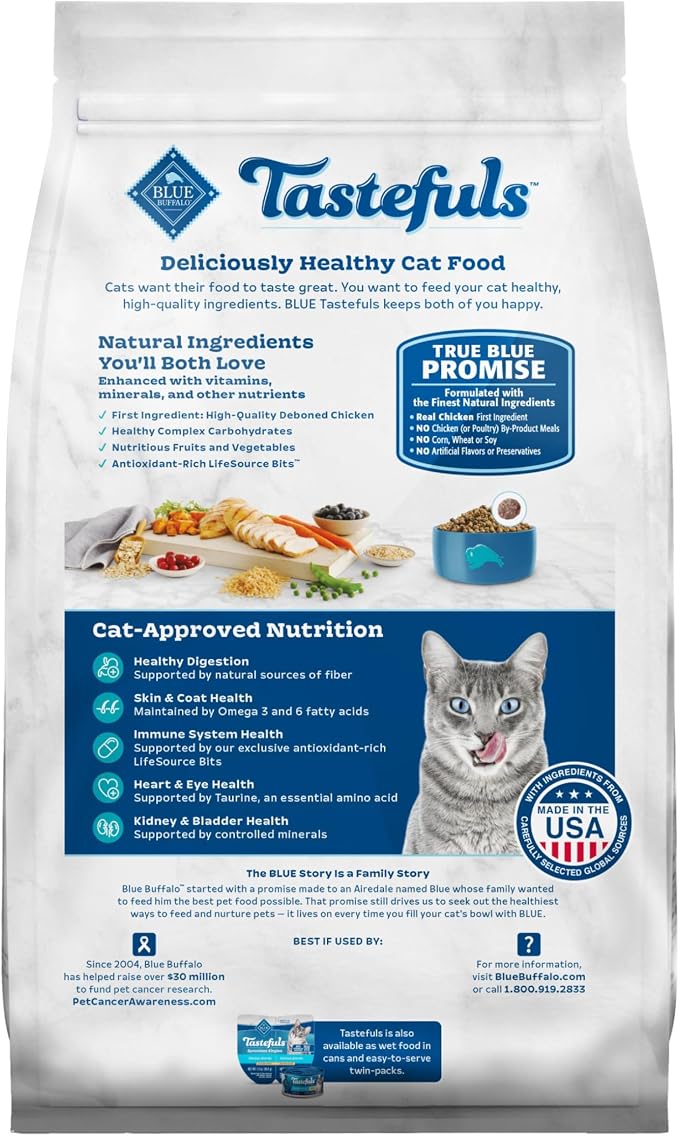 Blue Buffalo Tastefuls Chicken & Brown Rice Active Dry Cat Food, 3 lb | Chicken & Brown Rice Recipe, Antioxidant-Rich LifeSource Bits, No Corn, Wheat, or Soy