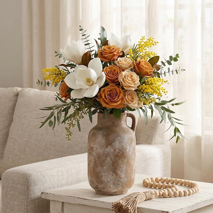 Ceramic Flower Vase, 9.3in Farmhouse Table Rustic Vases, Small Flower Terracotta Vases for Home Decor, Living Room,Table, Handcrafted (Terracotta)