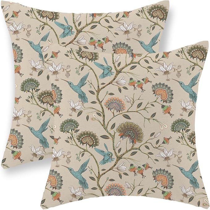 Chinoiserie Pillow Covers 18x18 Inch Set of 2 Blue Green Bird Floral Throw Pillows Vintage Plants Flower Decorations Pillow Cases Outdoor Chinoiserie Decor Linen Cushion Cover for Couch Home