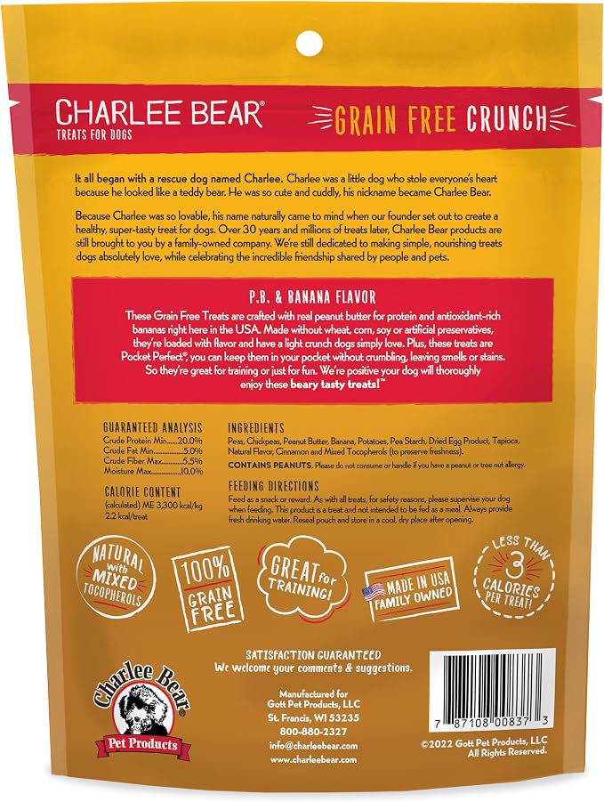 Charlee Bear Grain Free Dog Treats, Peanut Butter & Banana, 8 oz | Pocket-sized Dog Training Treats, Crunchy Dog Treats, Limited Ingredient Recipe, Under 3 Calories per Treat, Made in USA