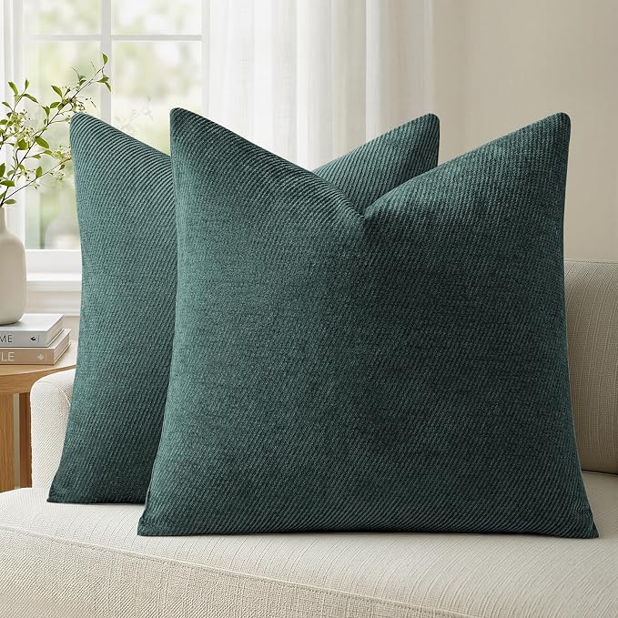 a moment Pack of 2 Decorative Chenille Throw Pillow Covers with Twill Cushion Covers for Sofa Living Room Couch Bed 18x18 Inch Dark Teal