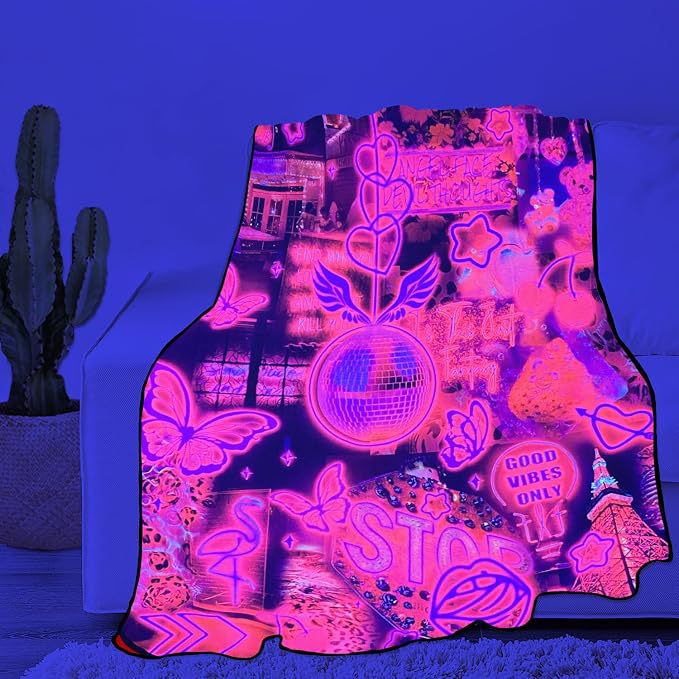 Blacklight Pink Collage Throw Blankets UV Reactive Aesthetic Throw Blanket Glow in the Dark Under Black Lights Game Room Decor Soft Throw Gifts 59x51 Inches