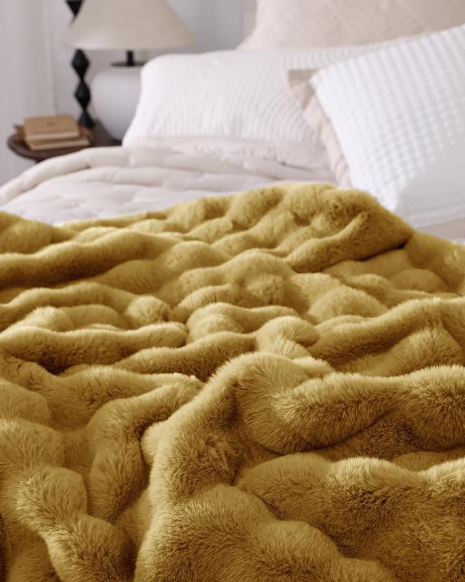 Ultra Soft Cozy Faux Fur Throw Blanket, Fuzzy Plush Thick Bubble Blanket, Oversize Luxury Fluffy Blanket for Couch, Sofa, Bedroom, and Living Room,50x60 Inches, Dark Yellow
