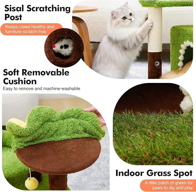 Sunflower Short Cat Tree with Cat Scratching Posts Small Cat Tower | Cat Condo,Cat Perch,Cat Bed 3-in-1 Cat Scratcher for Small Cats and Kittens