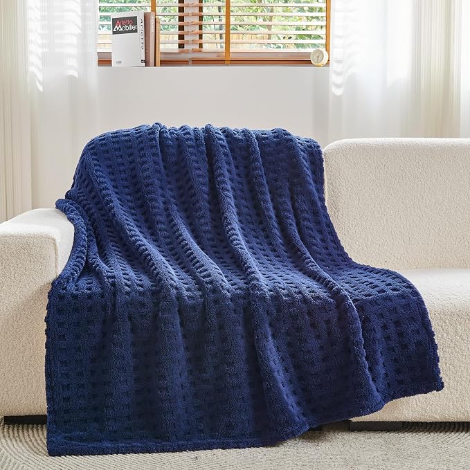 NEWCOSPLAY 3D Waffle Checkered Flannel Queen Blanket, Dark Navy, 90"x90" | Super Soft Cute Lightweight Decorative Premium Silky Fleece Blanket for Couch Sofa Bed, Gift for Women Men, All Season Use