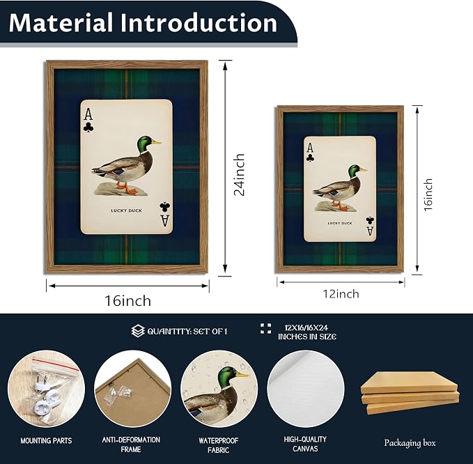 Framed Vintage Mallard Duck Wall Art, Country Lucky Duck Wildlife Poker Wall Decor Painting, Nature Rustic Farmhouse Hunting Canvas Prints Pictures for Living Room Bedroom 16x24 Inch