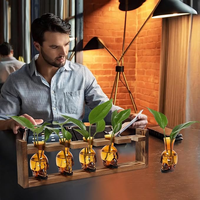 Plant Terrarium Propagation Stations Halloween Skull Planter Vase Skulls | decor With Wooden Stand Gife for Father - 5 Vases