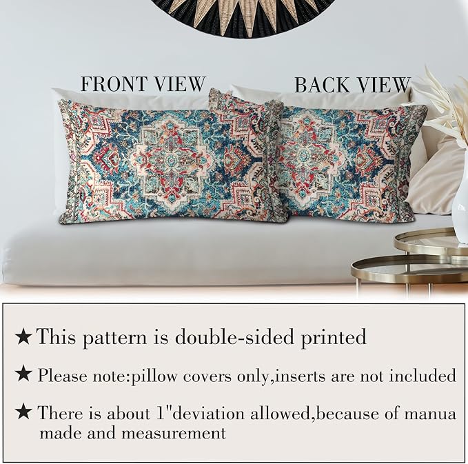 Boho Throw Pillow Covers 12x20 inch Set of 2,Boho Vintage Carpet Pattern Antique Ethnic Decor Double Sided Pattern Cushion Cover Soft Pillow Case Living Sofa Room Bed Square Pillow Cover