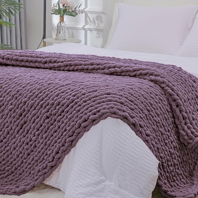 Bigacogo Chunky Knit Throw Blanket for Couch, 51x63 inches, Winter Grape | Hand Knit with Jumbo Chenille, Soft Breathable Cable Knit for Sofa Bed Living Room, Machine Washable, Gift for Mom Friend