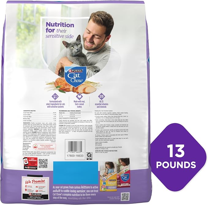Purina Cat Chow Gentle Sensitive Stomach & Skin Dry Cat Food, 13 lb Bag