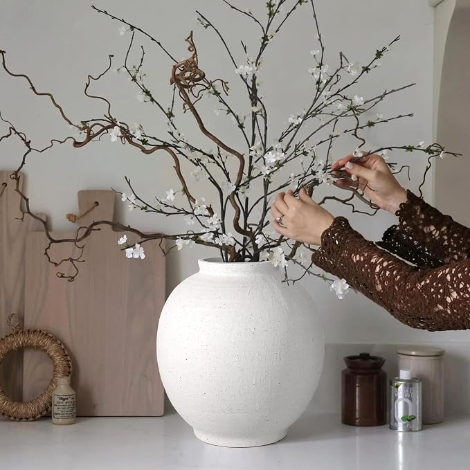 11" White Ceramic Vase, Large Round Ceramic Flower Vase | Artisan Handcrafted,Rustic Farmhouse Living Room Home Decor