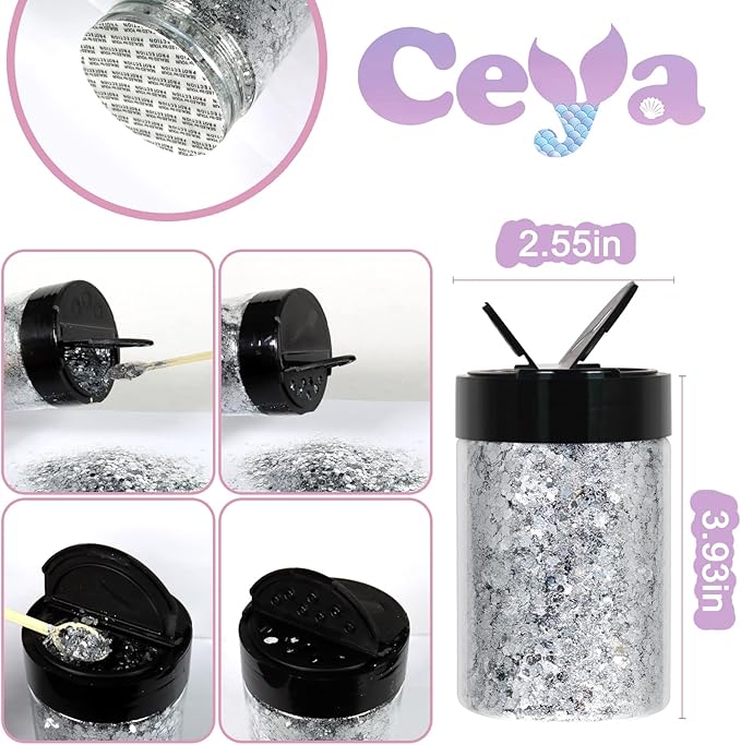 Ceya Chunky Glitter, 4.9oz/ 140g Bright Silver Craft Glitter Powder Mixed Fine Flakes Iridescent Nail Sequins for Nail Art, Hair, Epoxy Resin, Tumblers, Slime, Painting, Festival Decor