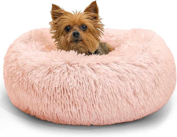 Best Friends by Sheri The Original Calming Donut Dog Bed for Extra-Small Dogs up to 10 lbs, Shag Faux Fur, Cotton Candy Pink, 18" x 18"