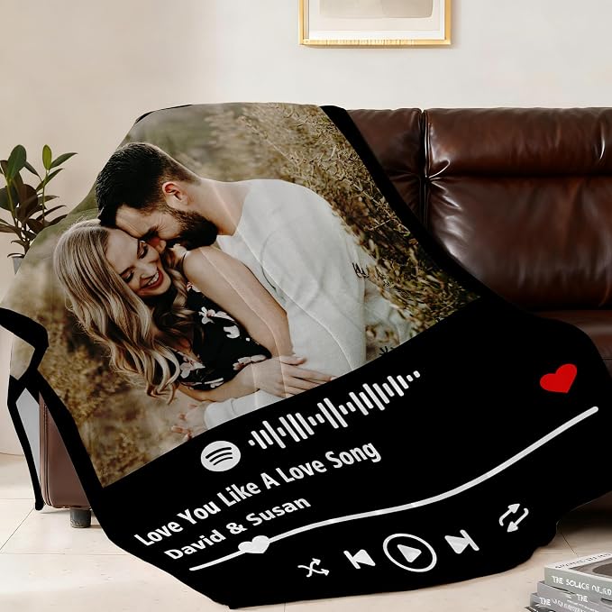 Ship Next Day, Custom Blanket with Picture Customized Photo Blankets Customize Spotify Blanket, Personalized Christmas Funny Gifts for Couple, Girlfriend, Boyfriend, Mom, Dad, Wife, Husband