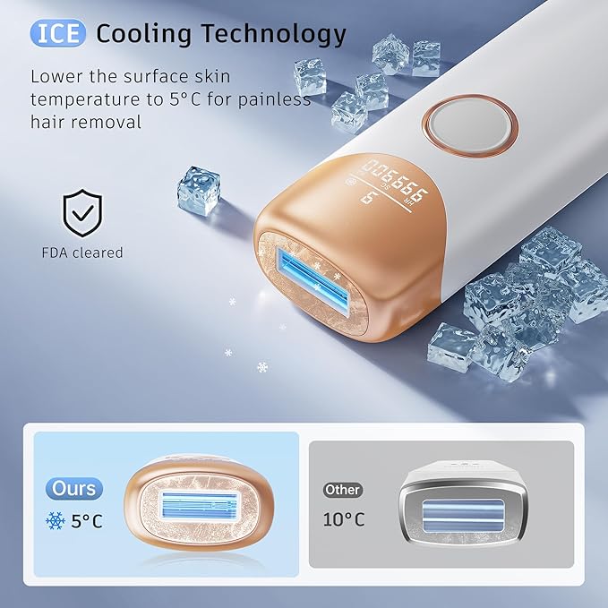 Laser Hair Removal Ubroo IPL Hair Removal Device with 5℃ Ice Cooling,Painless Laser Hair Removal for Women and Men,Full Body Use for Legs,Bikini,Armpits (Gold)