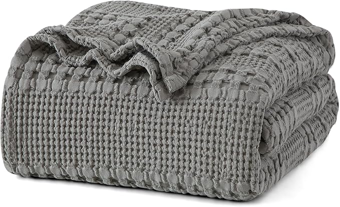 PHF 100% Cotton Waffle Weave Blanket Queen Size, Lightweight Breathable Summer Blanket for Hot Sleepers, Pre-Washed Soft Layer for Bed, Couch, Aesthetic Home Decor & Gift, 90"x90", Dark Grey