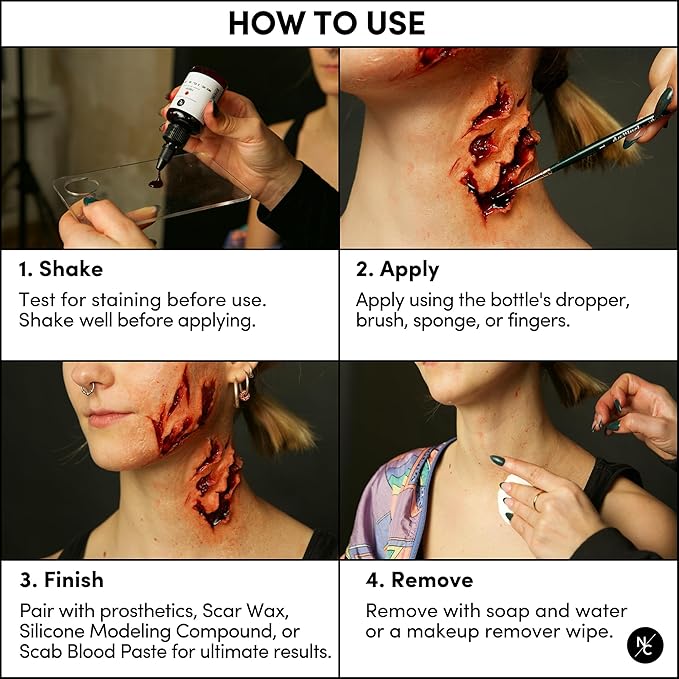 Narrative Cosmetics Alcohol Drying Blood, Ultra-Realistic Fake Liquid Blood, SFX Makeup for the Stage, Film, Halloween, and Cosplay - Dark, Fresh and Scab Blood Kit - 2oz Bottles