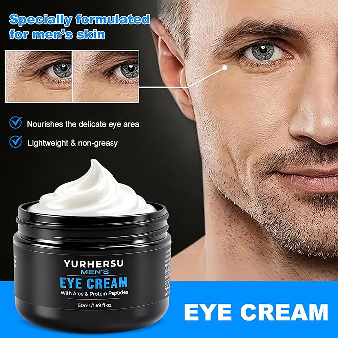 Moisturizing Men's Eye Repair Cream with Aloe & Protein Peptides, Hydrating Under Eye Cream to Reduce Puffiness, Dark Circles, Crows Feet and Bags, Daily Skin Care Treatment Cream, 1.69 oz