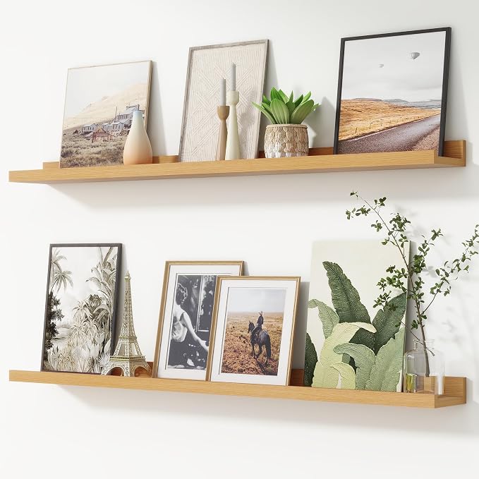 Picture Ledge Shelf, Floating Shelves for Wall, 44" W Set of 2, Oak | FSC Certified Engineered Wood, Wall Mounted Bookshelf, for Nursery Living Room Bedroom, Pre-Drilled, Easy Install