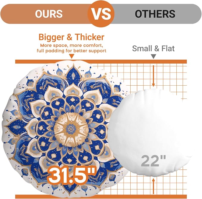 Meditation Cushion Set of 2, Round Floor Pillow Seating for Adults, Bohemian Mandala Yoga Cushion, 32" Extra Thick Memory Foam Removable Washable Cover, Ideal Gift Holiday Decor, Blue