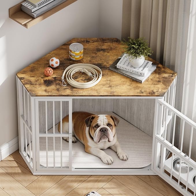 Corner Dog Crate Furniture for Small Dogs, Indoor Kennel, Washed White