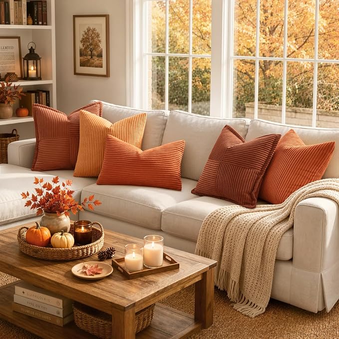 MIULEE Fall Decorative Corduroy Throw Pillow Covers Set of 2 20x20 Orange | Soft Striped Textured Cushion Cases, Boho Energetic Vibe Pillowcases for Home Decor, for Couch Chair Sofa Bed Living Room