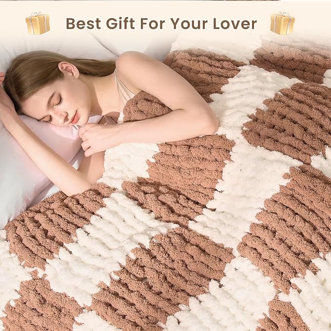 L'AGRATY Chunky Knit Throw Blanket for Couch 60 x 80 Inches Brown Checkered | Handmade Chenille Crochet Blanket for Sofa Bed, Thick Cable Knitted Blankets for Room Home Decor, Birthday Gift for Women Mom