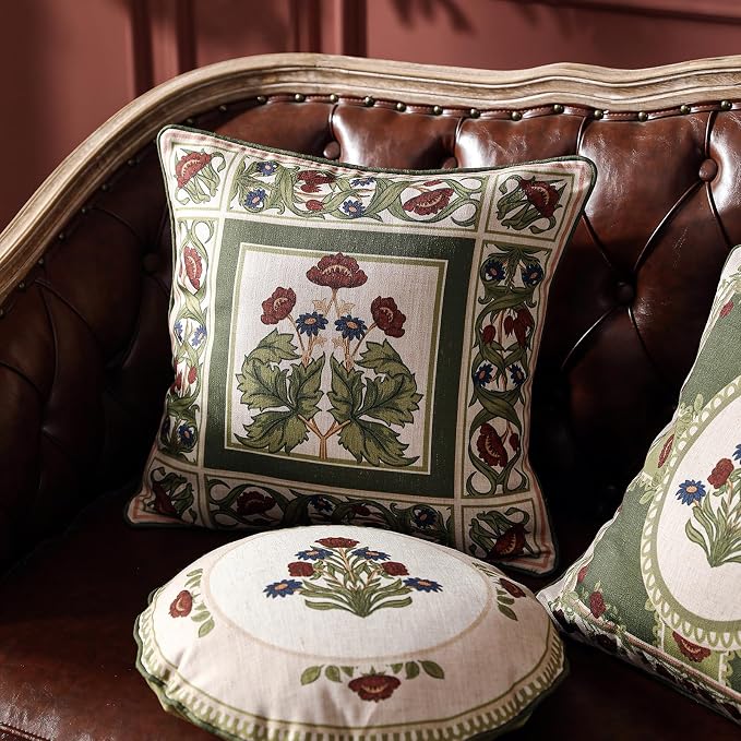 Elegant French Linen Throw Pillow Cover,Set of 2,18"x18"-Estonia C | Designer Vintage Square Pillow Cover,Concealed Zipper Design,Floral Pattern,Sofas,Bedroom,Living Room,Lounge Chairs