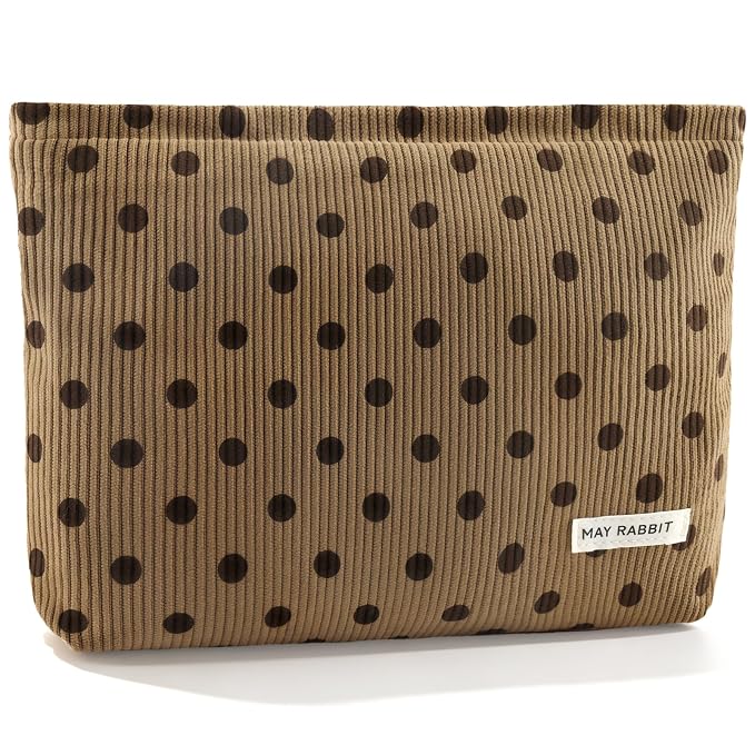 ZLFSRQ Corduroy Makeup Bag for Women Girls Cute Polka Dot Cosmetic Bag for Purse Large Capacity Trendy Zipper Makeup Pouch Toiletry Pouch Aesthetic Skincare Make Up Essentials Organizer Bags (Brown)