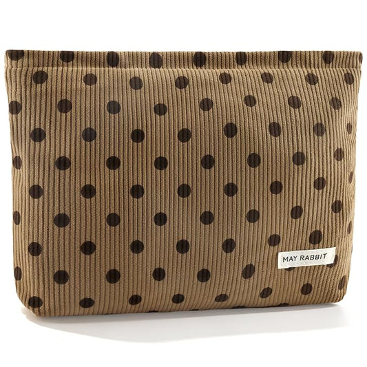 ZLFSRQ Corduroy Makeup Bag for Women Girls Cute Polka Dot Cosmetic Bag for Purse Large Capacity Trendy Zipper Makeup Pouch Toiletry Pouch Aesthetic Skincare Make Up Essentials Organizer Bags (Brown)